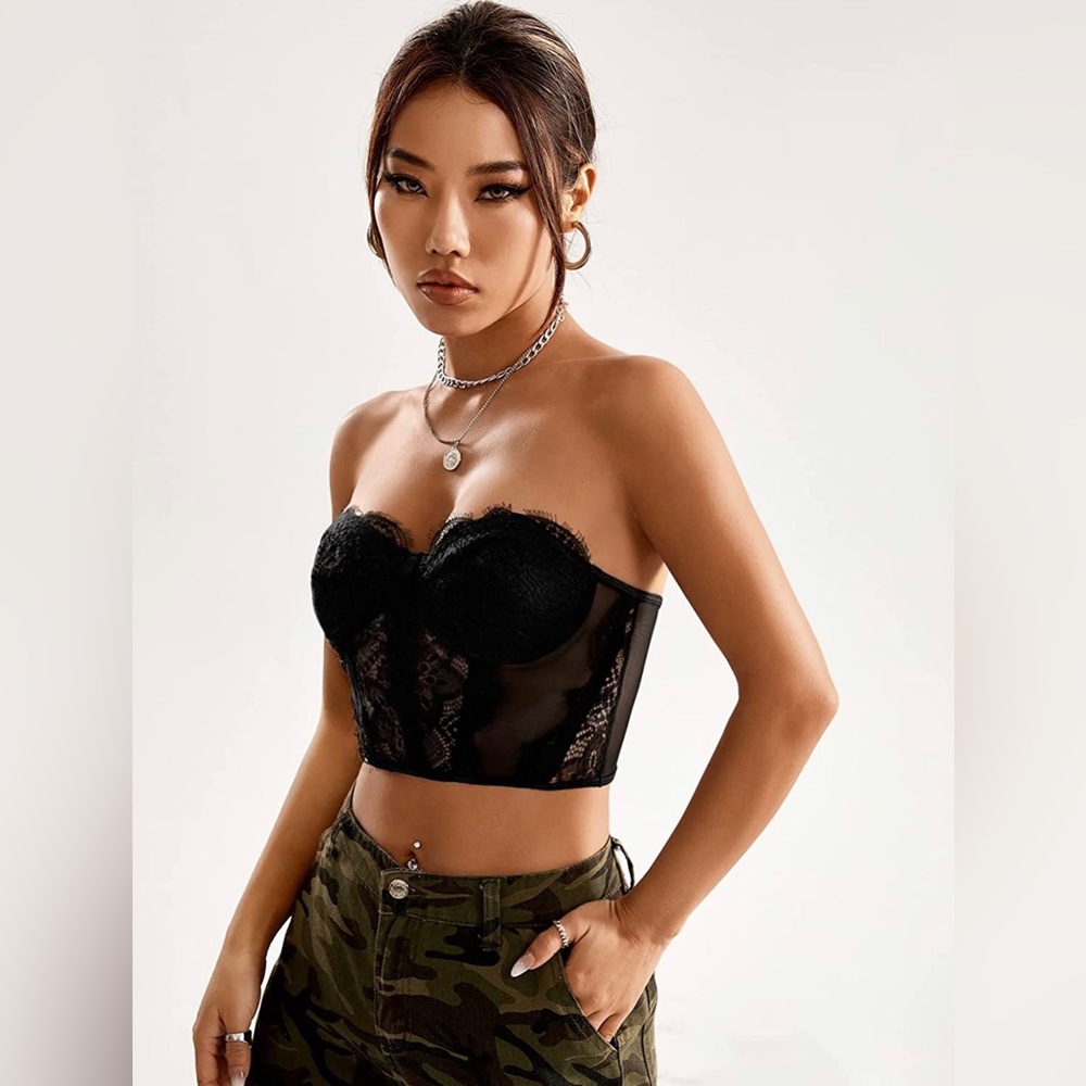 NWT (S) Black Sexy Lace Mesh Satin Corset Bustier Top - Picture 2 of 8